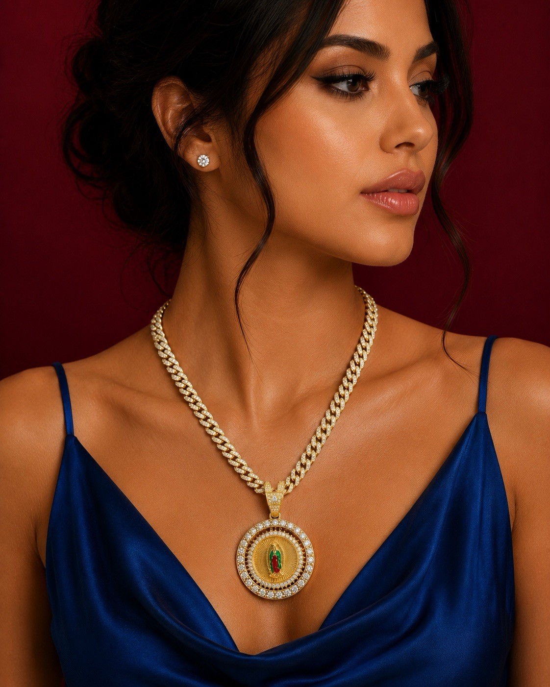 Gold plated Cuban Link Chain Necklace w/ Round spinning CoinPendant Religious
