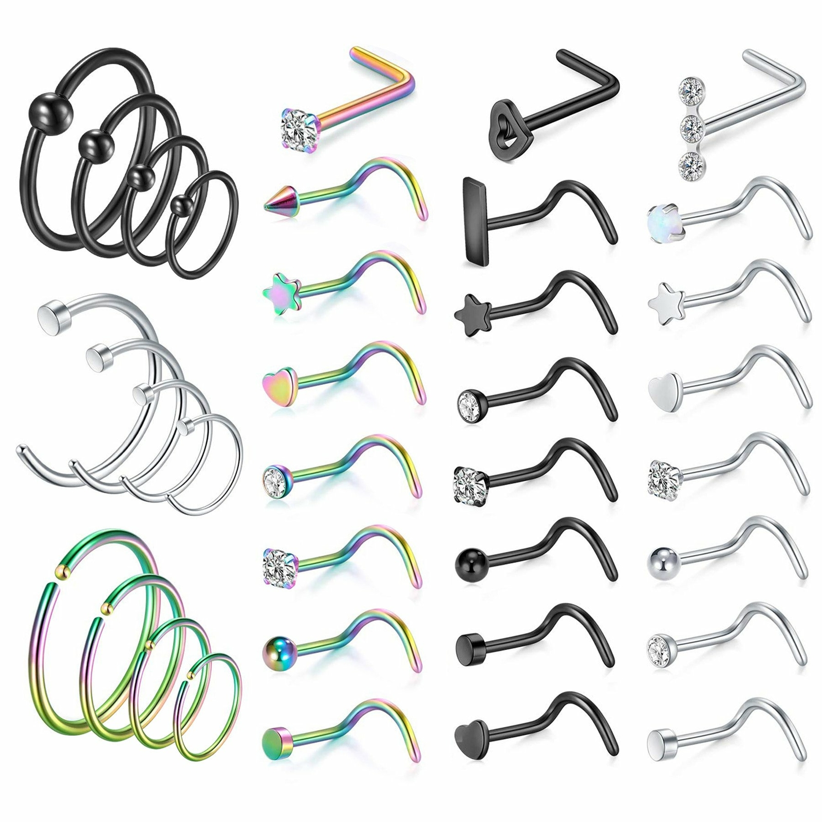 33-36PCS Stainless Steel CZ Nose Stud Nose Hoop Rings Stud Hoop Piercing Jewelry