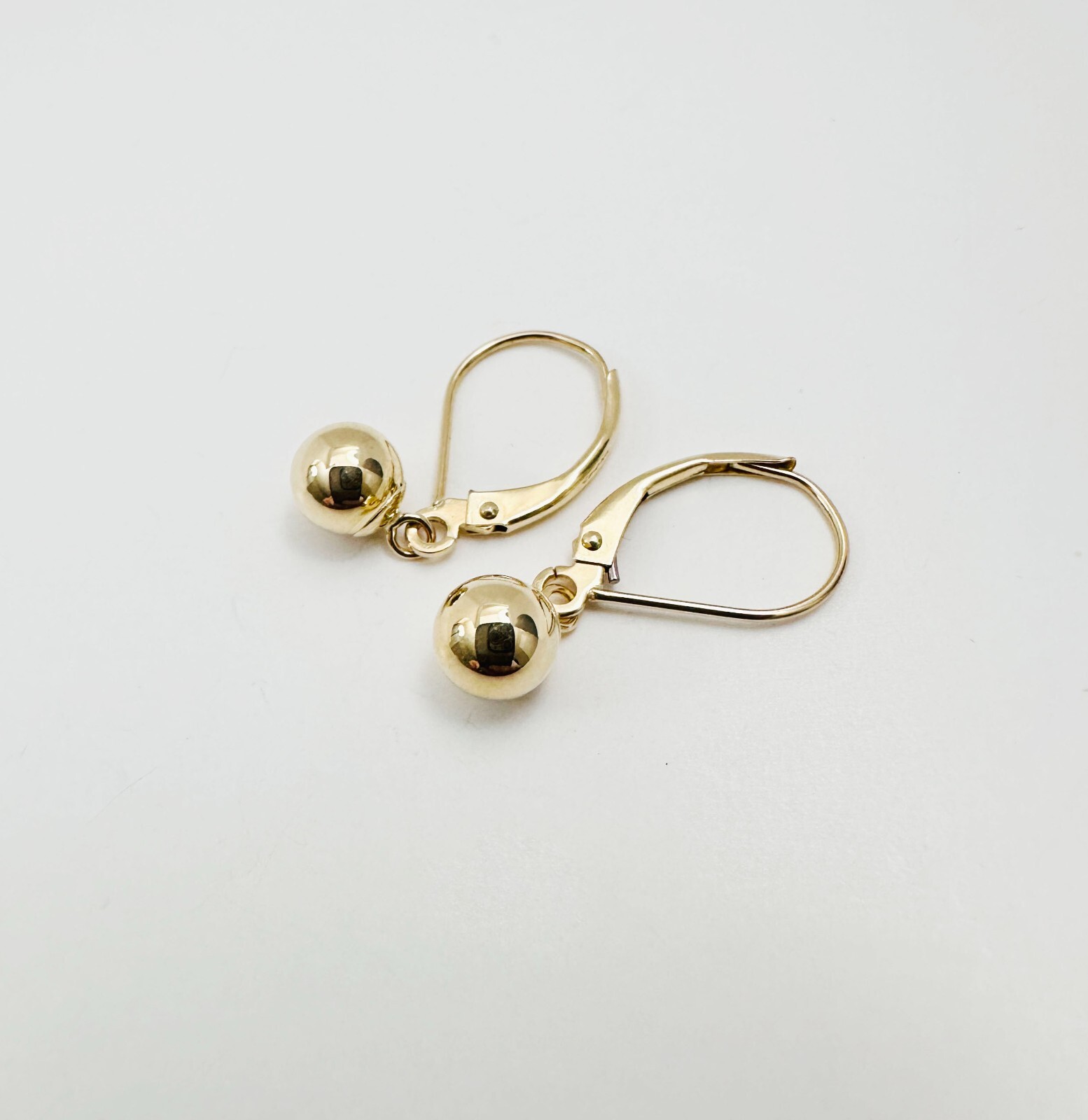 14K Solid Yellow Gold 6mm Ball Bead Drop/Dangle Leverback Earrings 23mm .90″