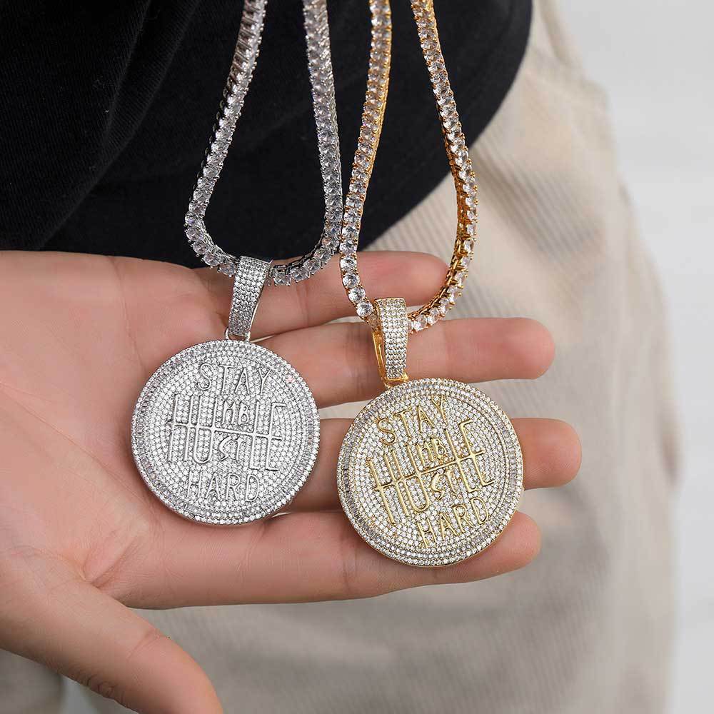Hip Hop Big Round Letter Pendant Necklace Bling Full Zircon Real Gold Plated
