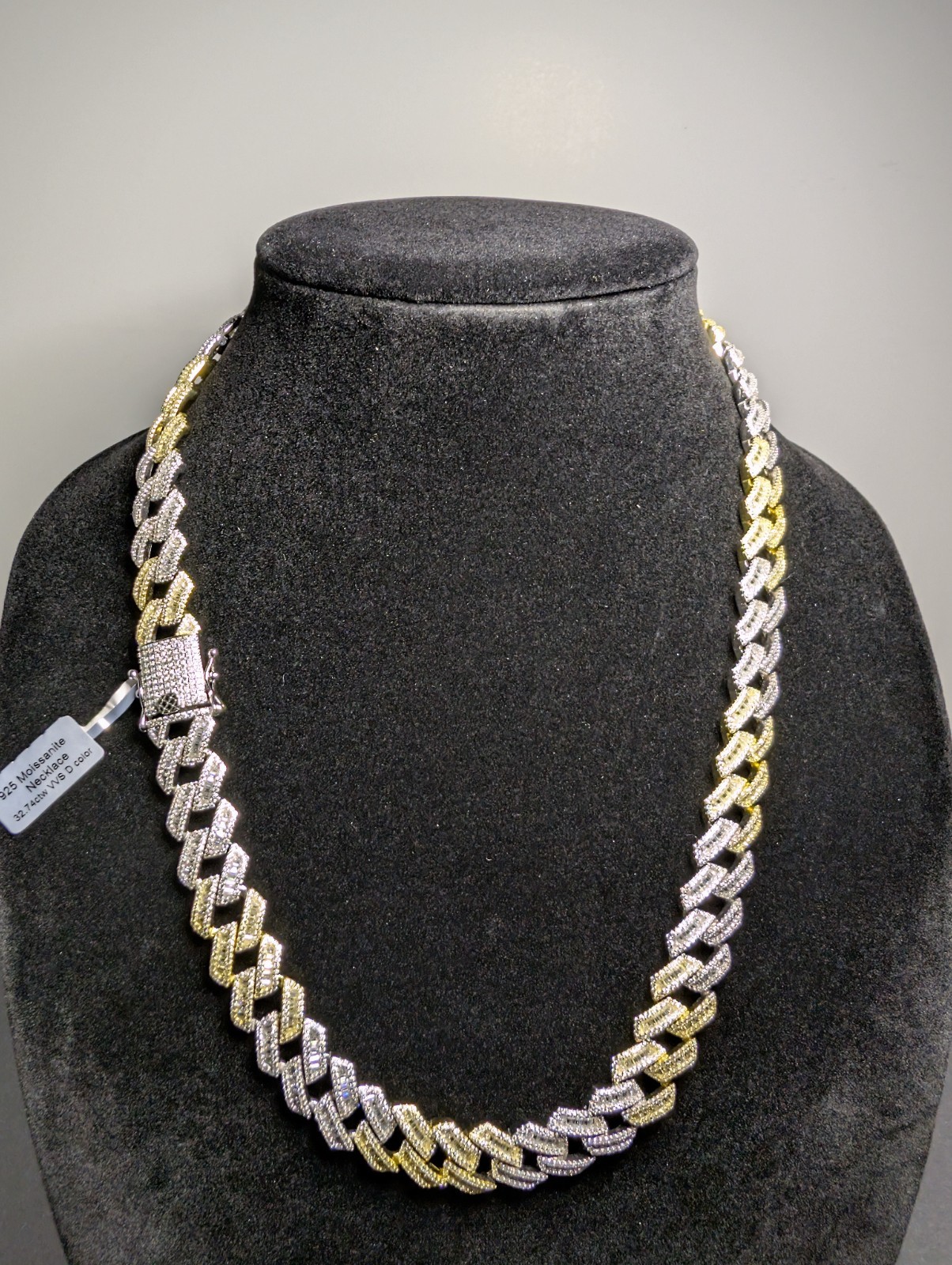 Two Tone Gold over 925 Silver 22″ 14mm VVS D Moissanite Monaco Cuban Necklace