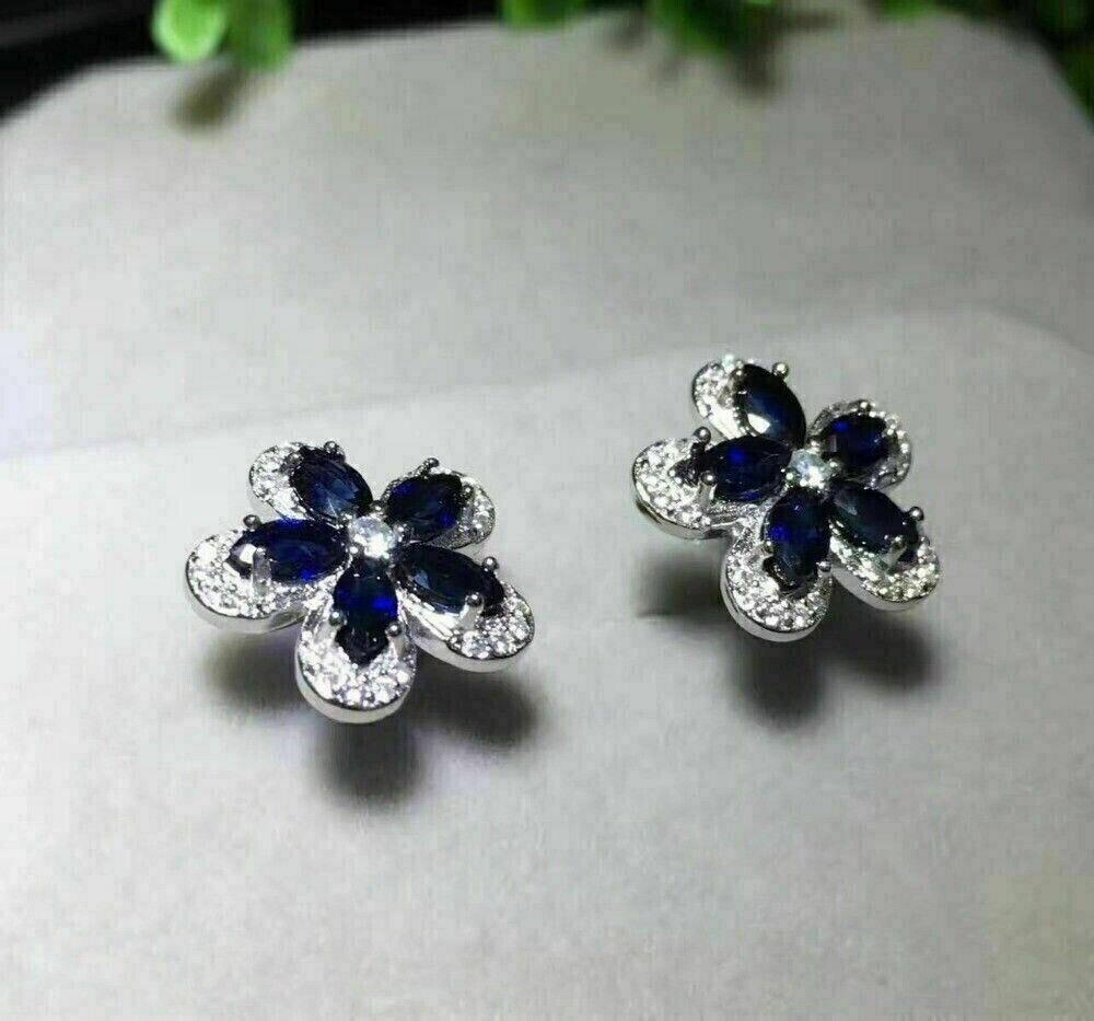 2Ct Marquise Cut Simulated Sapphire Flower Stud Earrings 14K White Gold Plated