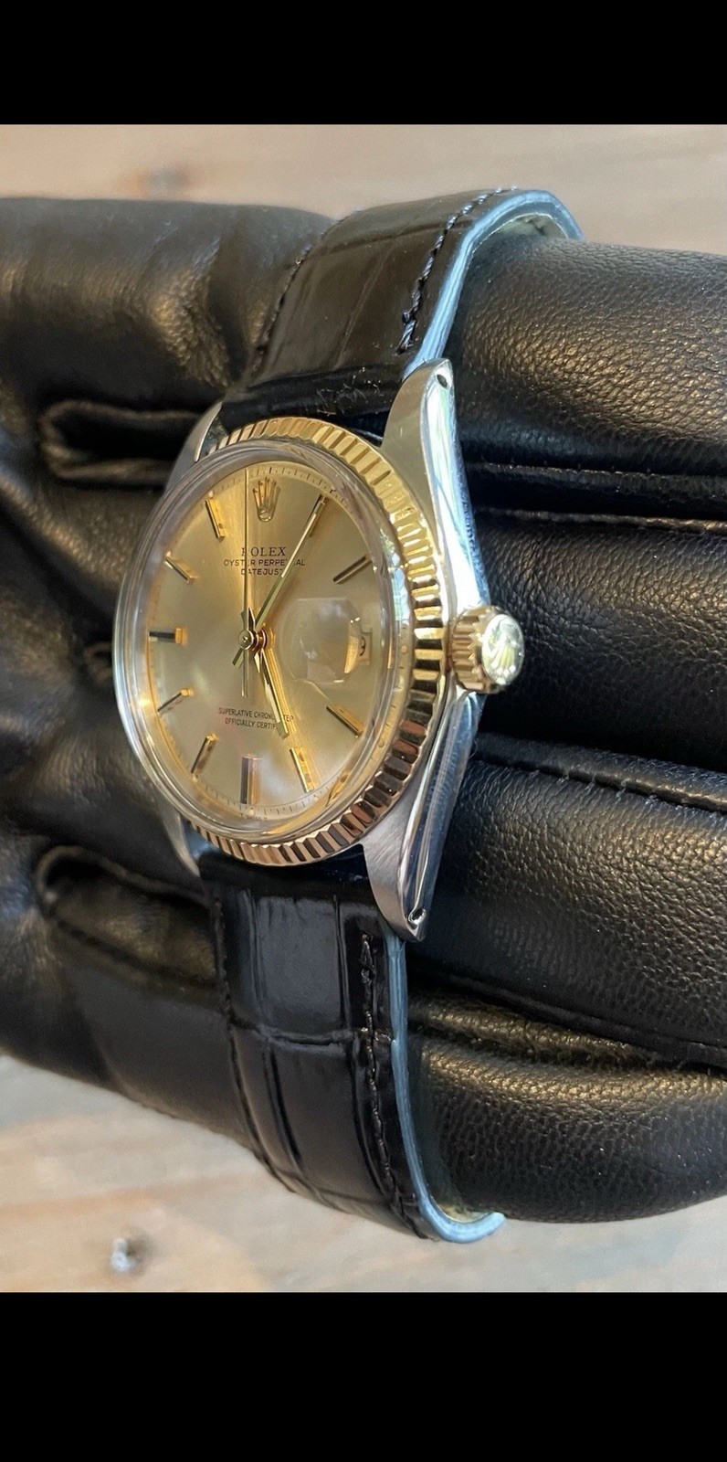 Rolex Date 1601 Mens Stainless Steel 18K Gold Watch Leather Band Champagne Dial
