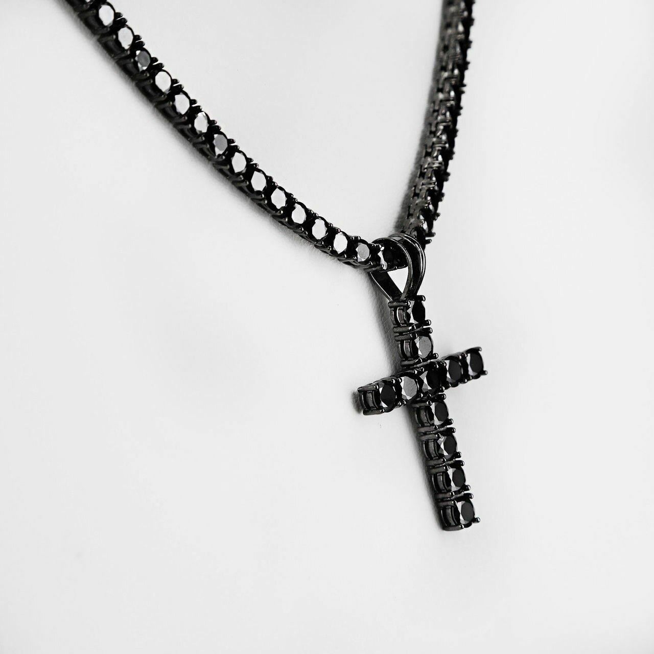 Tennis Chain W. Cross Solid Real 925 Sterling Silver 4mm Black CZ 1 Row