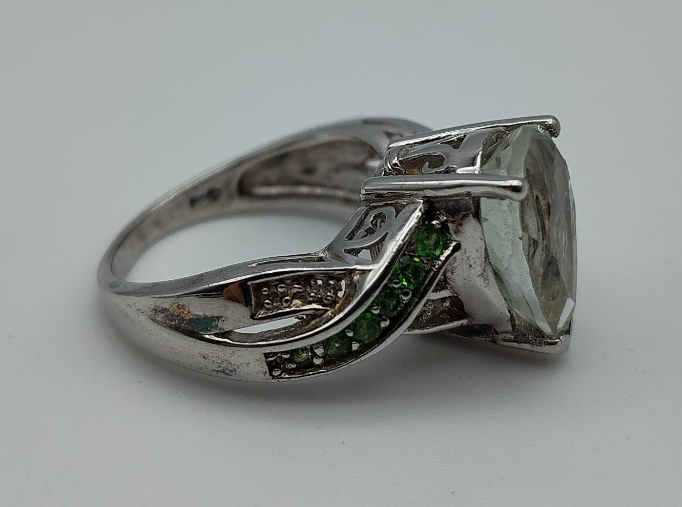 Vintage Very Light Green Pear Stone Sterling Silver Filigree STS 925 Ring Size 7
