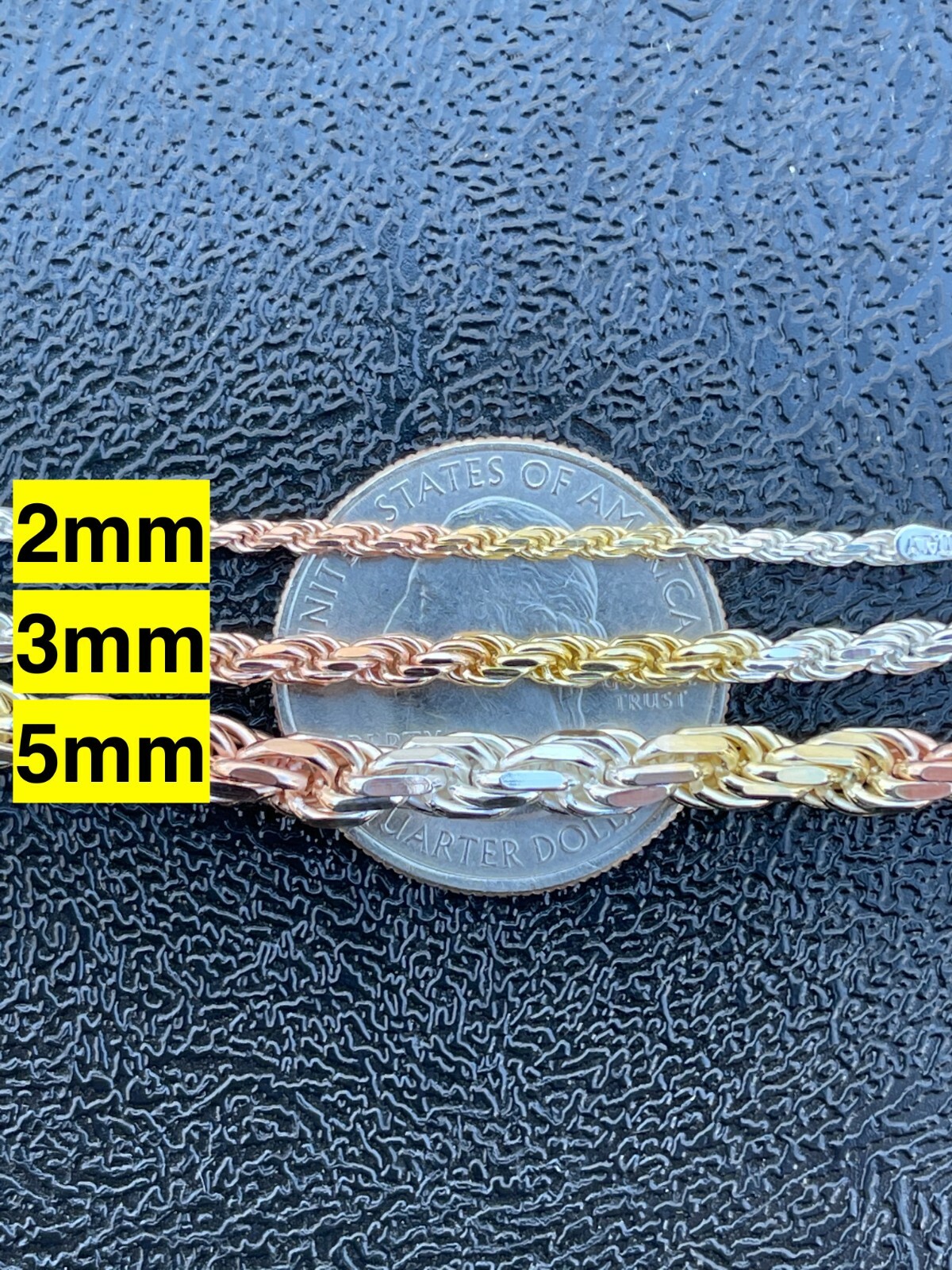 Solid 925 Silver & Yellow Rose Gold Plated Tri Color Rope Chain Necklace 2-5mm