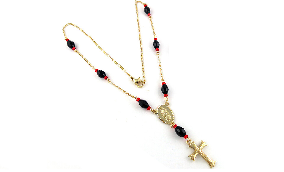 18K Yellow Gold Plated 18″ Diamond Cut Rosary Jesus Cross Multi Color Necklace