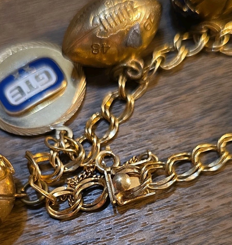 1940s & 1950s 12K GF Spartan Charm Bracelet Gold Football Basketball GTE Charm