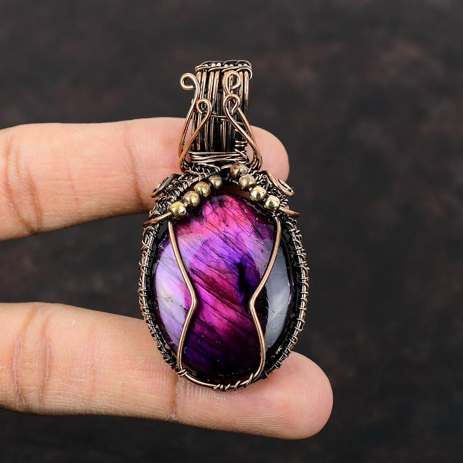Pink & Purple Fire Labradorite Copper Gift For Love Wire Wrapped Pendant 2.56″
