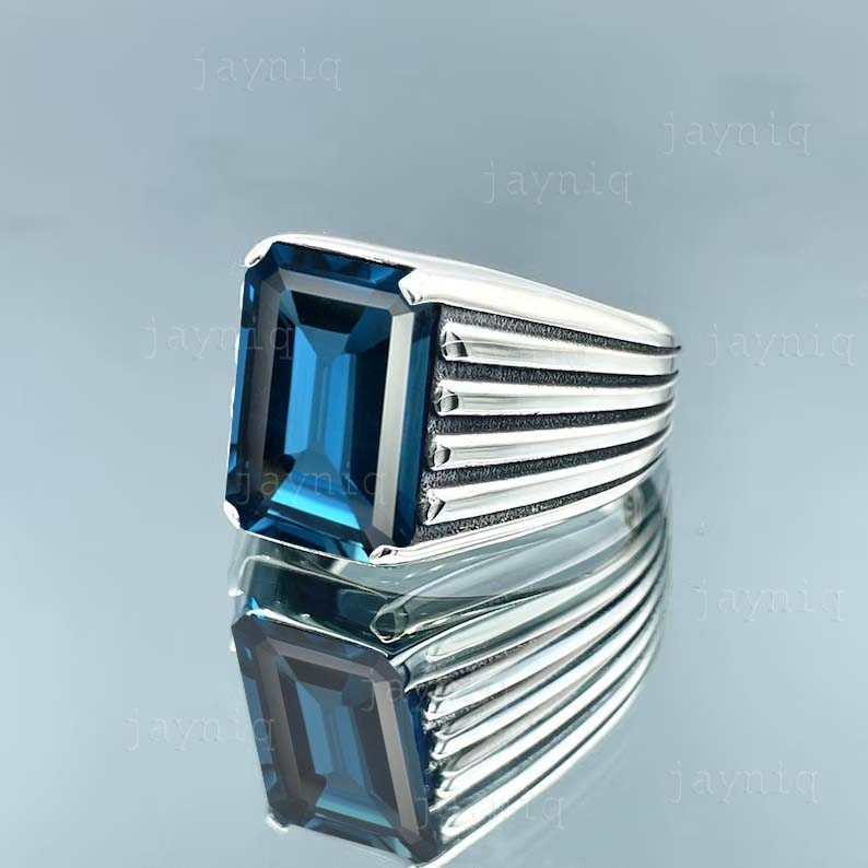 London Blue Topaz Gemstone 925 Sterling Silver Band Ring For Men’s Wedding Gift