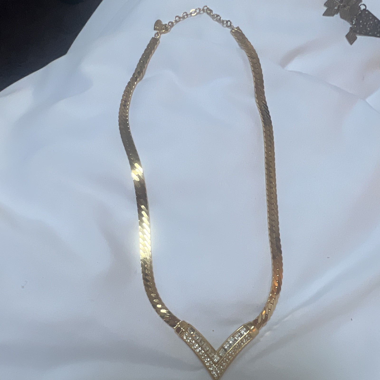 Vintage Christian Dior Gold Tone V Necklace Clear Rhinestone Choker Signed