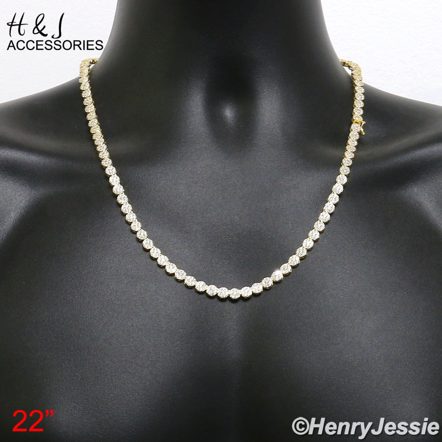 MEN 925 STERLING SILVER 18″-30″X5MM GOLD PLATED 1 ROW CZ CLUSTER NECKLACE*GN15