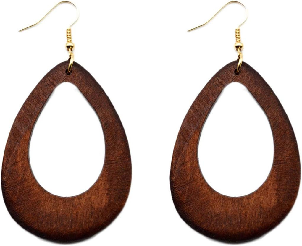 4 Pairs Ethnic Big Geometric round Circle Teardrop Wood Dangle Earrings Wooden D