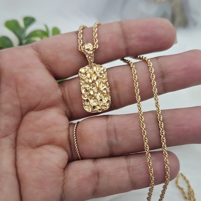 Gold Nugget Necklaces, Small Dog Tag Pendant, 1mm Rope Chain, 14k Plated Gold