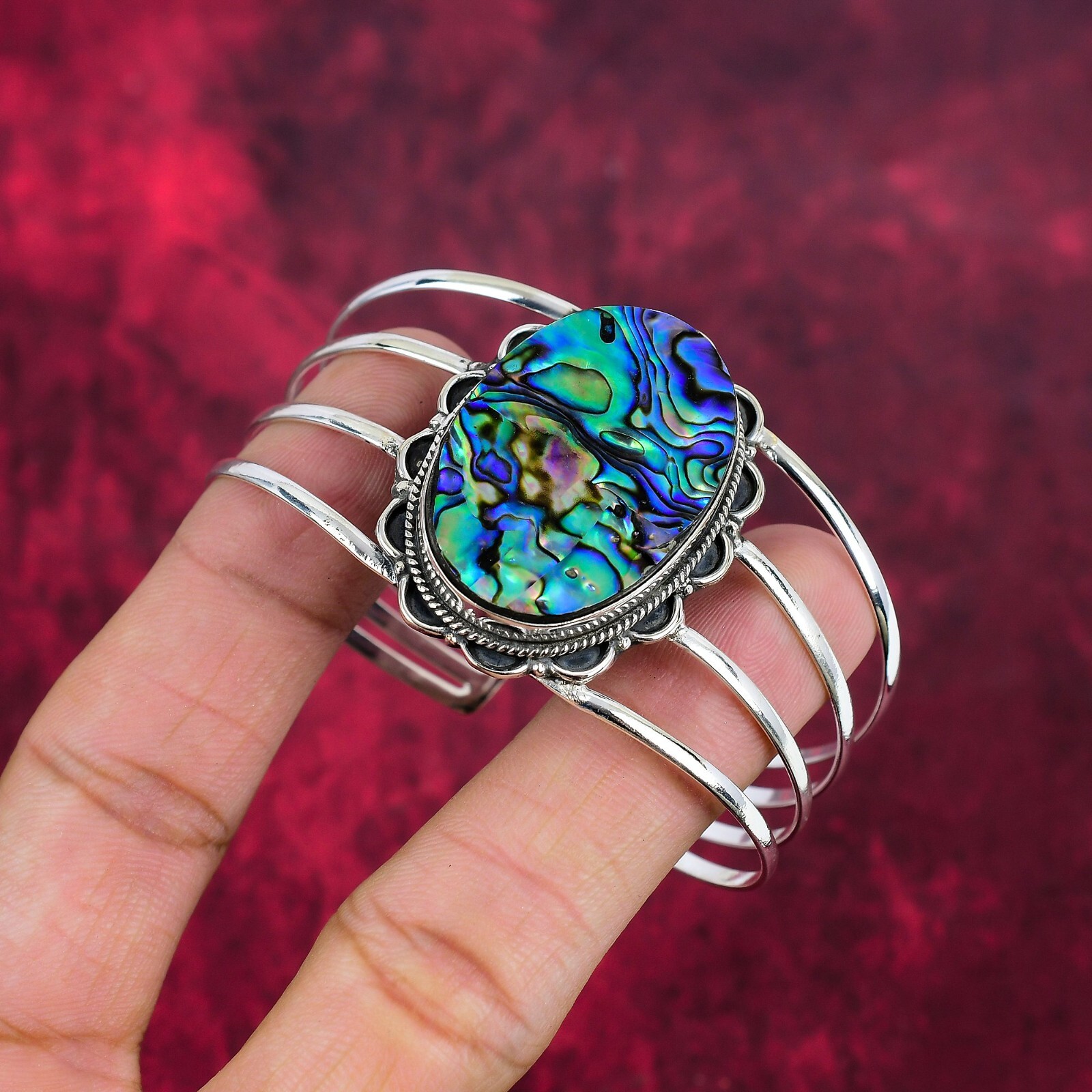 Abalone Shell Gemstone Handmade 925 Solid Silver Adjustable Bangle Jewelry
