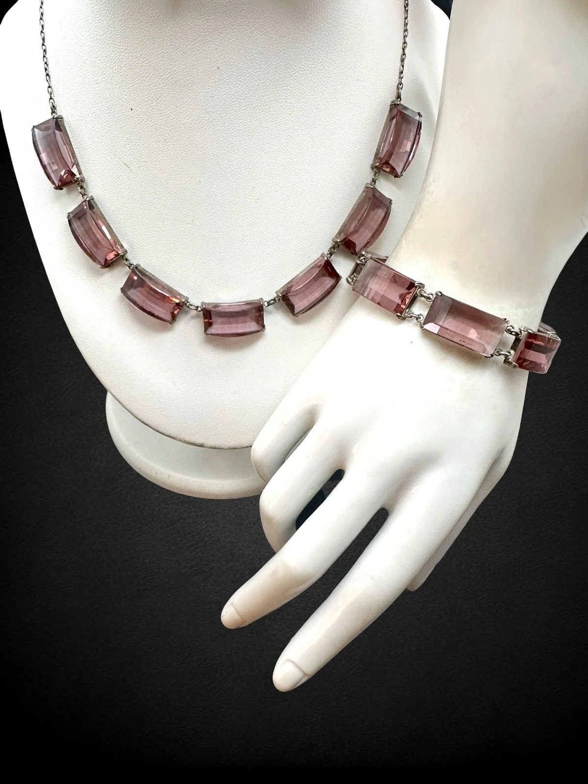 Vtg Art Deco Sterling Silver Faceted Purple Czech Glass Necklace Bracelet Set