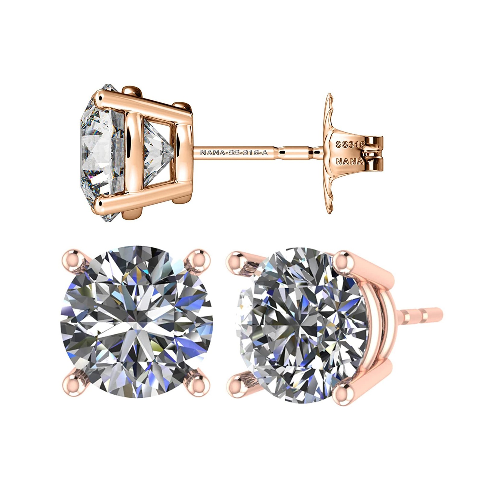 Rose Gold Plated Silver Stud Earrings With 1.50 CTTW Round Zirconia – 5.50 MM