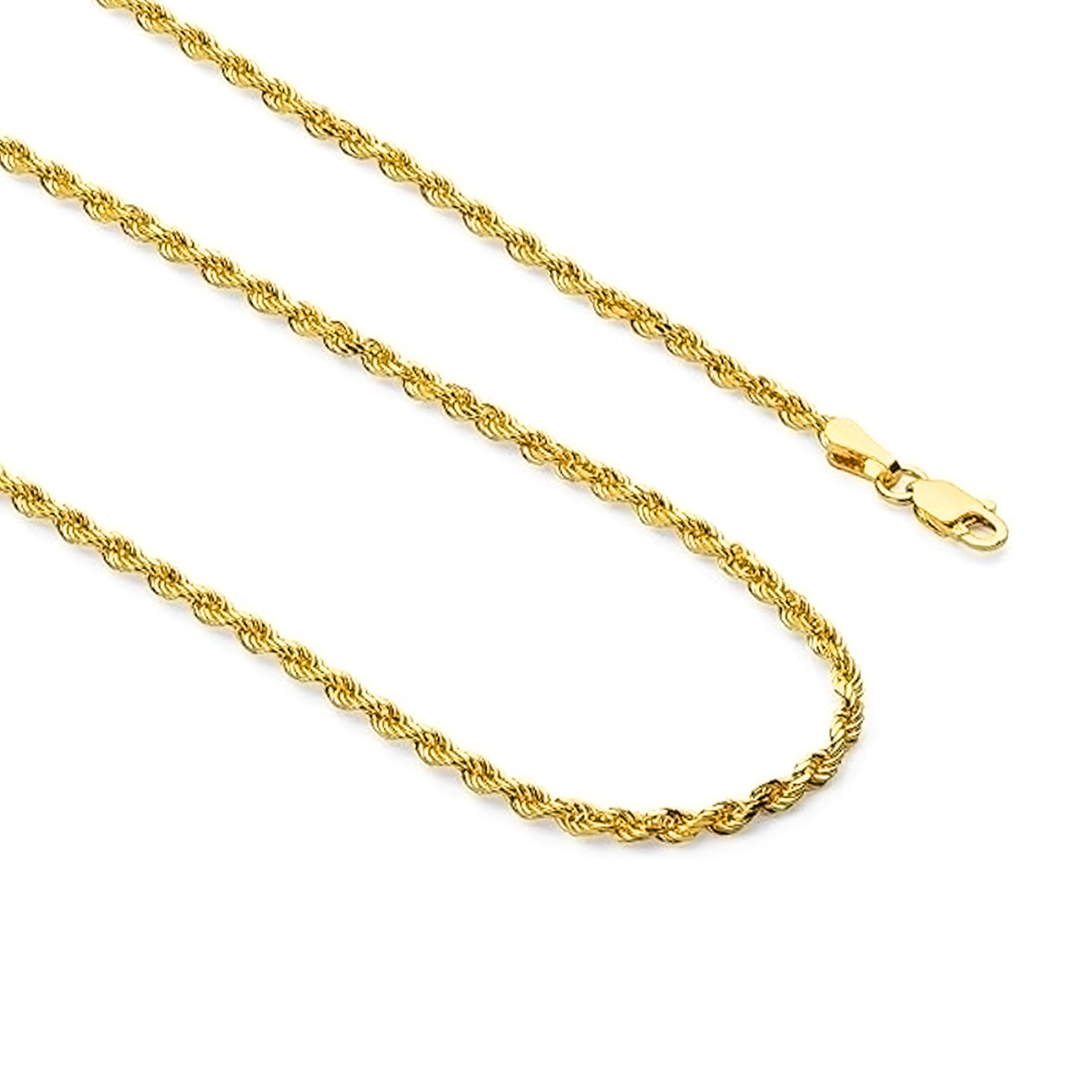 14K Real Solid Yellow Gold 1.5mm-3mm Rope Chain Necklace with Lobster Claw Clasp