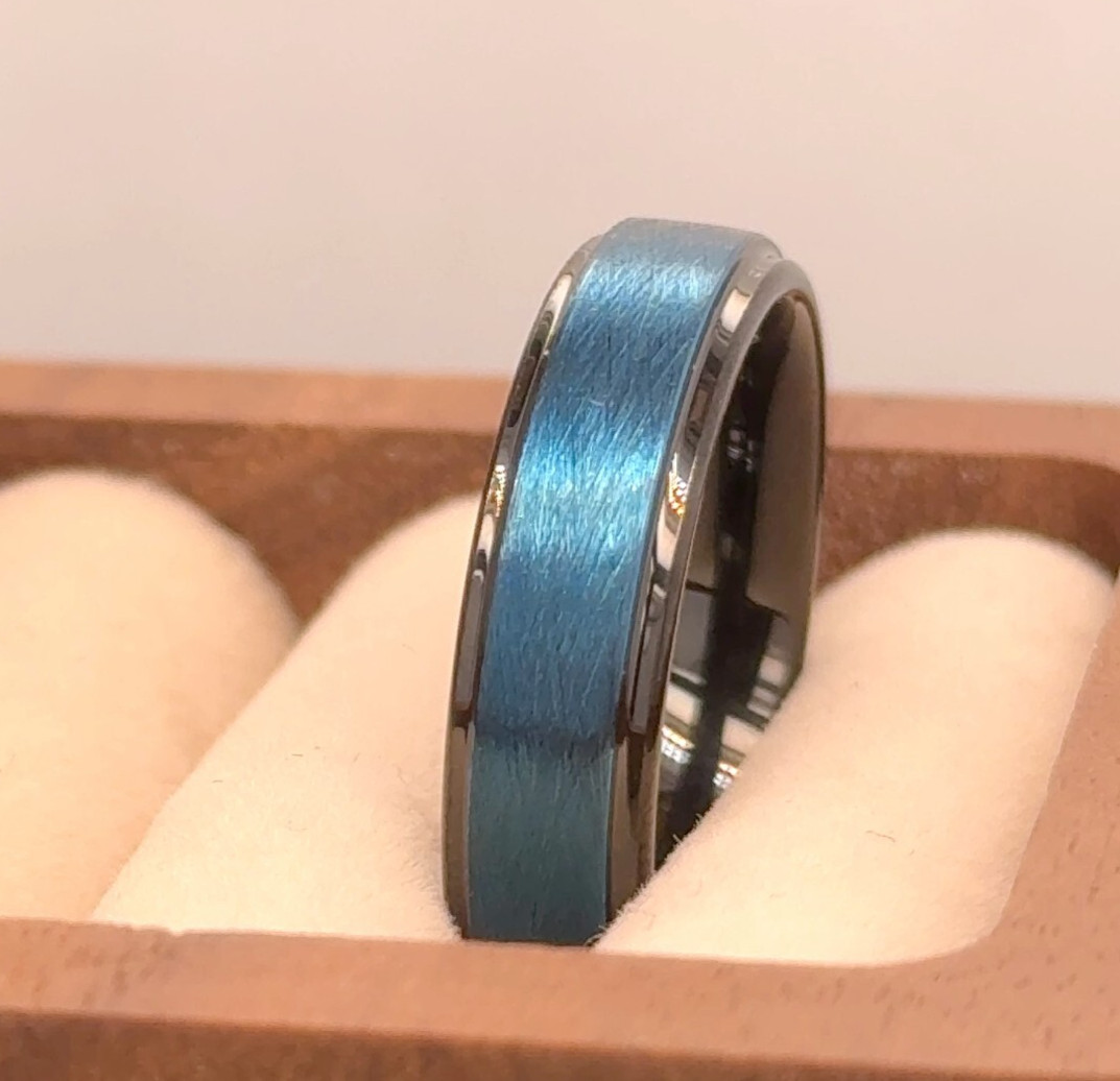 Wire Satin Brushed Finished Center Black Tungsten Wedding Rings Blue Ion-Plated