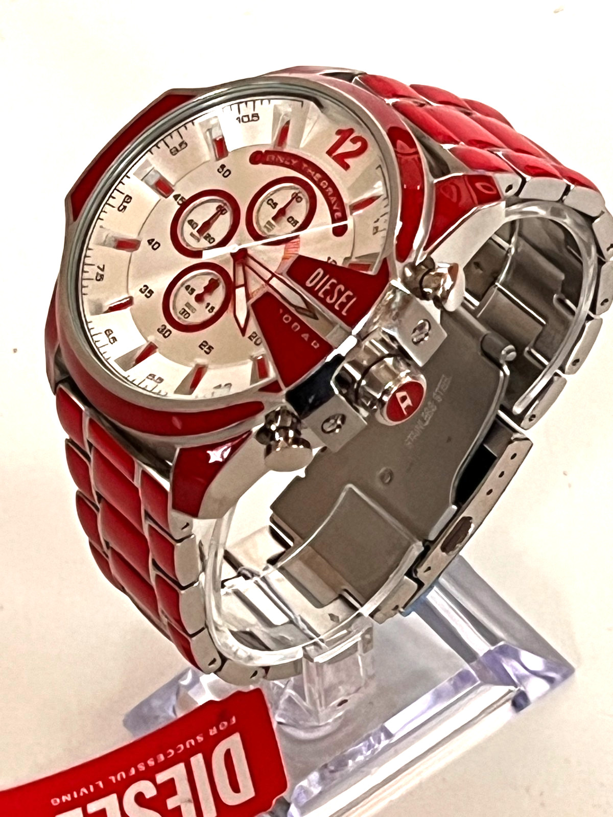 DIESEL DZ4638 Men’s Mega Chief Red Enamel Stainless Steel Watch BNWT/Box $290