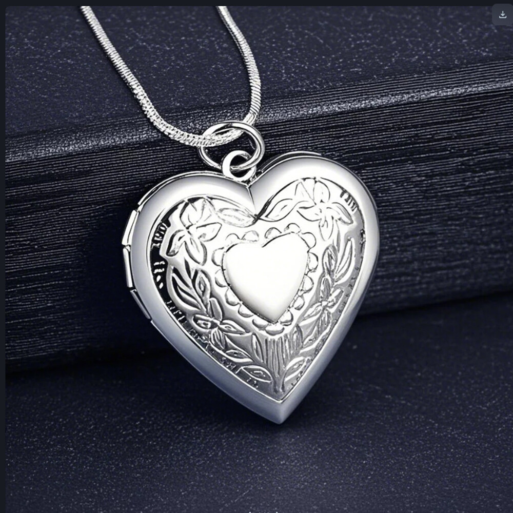 925 Sterling Silver Plated Heart Necklace, Locket Photo Picture Pendant 18″ N1