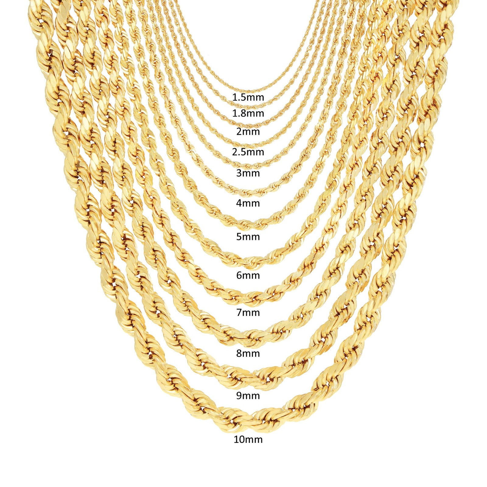 10K Yellow Gold 1mm-10mm Diamond Cut Solid Rope Chain Pendant Necklace 16″- 30″