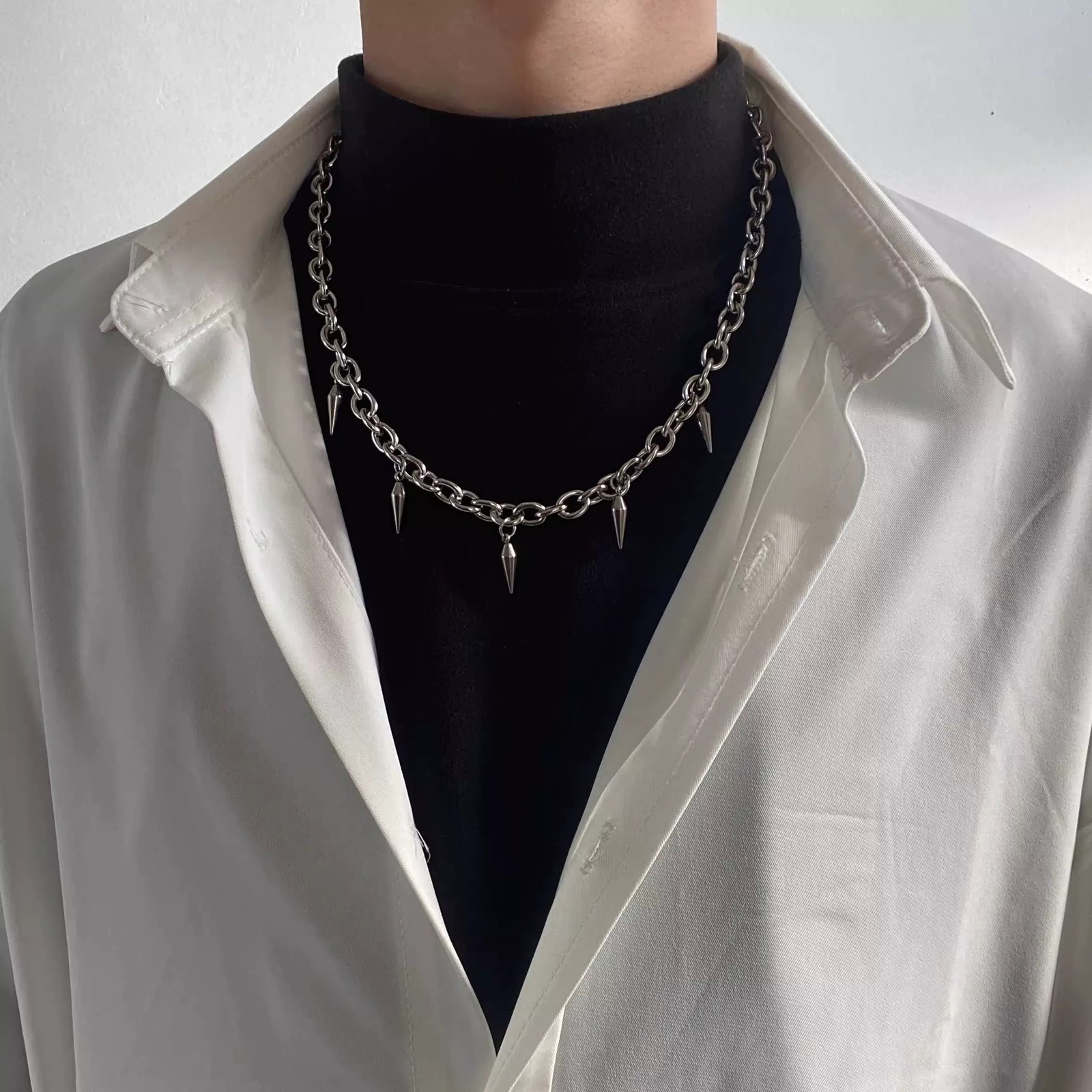 Stainless Spike Bullet Pendant Oval Link Choker Unisex Adjustable Necklace