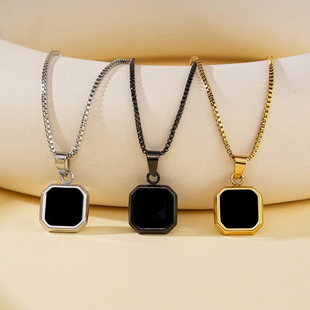 Square Pendant Necklace Stylish Black Geometric Pendant Stainless Steel Necklace