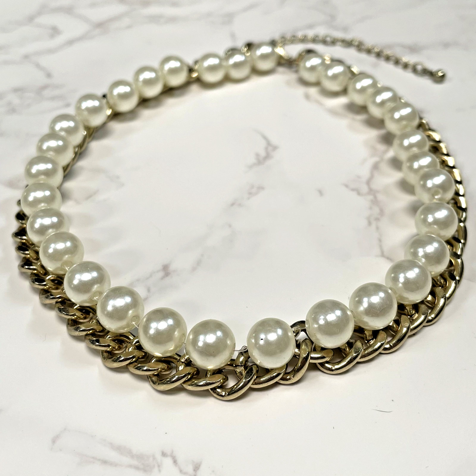 Gold Tone Faux Pearl Curb Chain Choker Necklace Chunky Statement Collar 14″