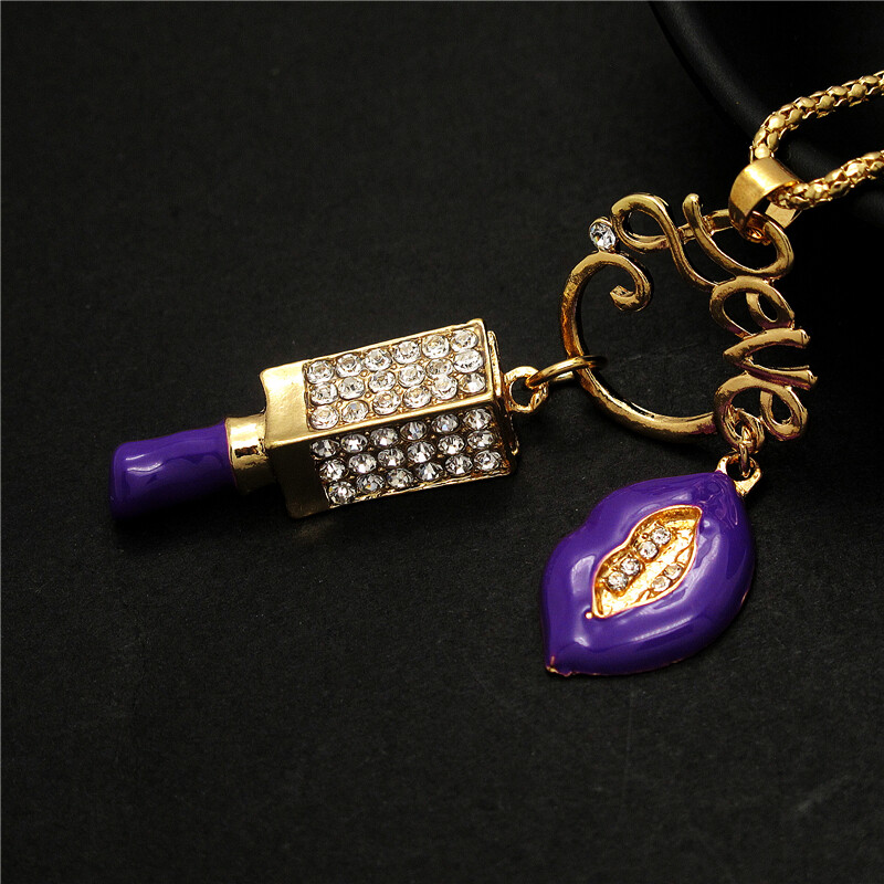 Fashion Women Love Purple Enamel Lips Lipstick Crystal Pendant Chain Necklace