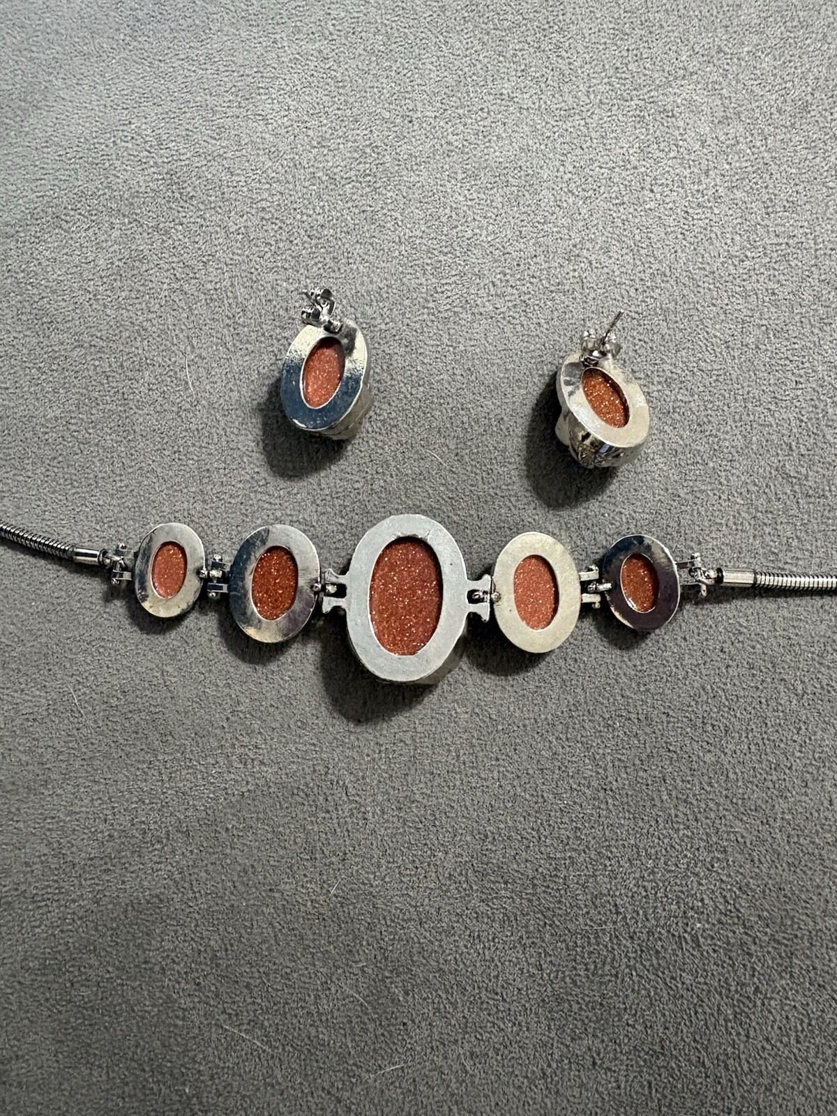 Vintage Silver Tone Goldstone Bracelet And Earrings Set Lion Family