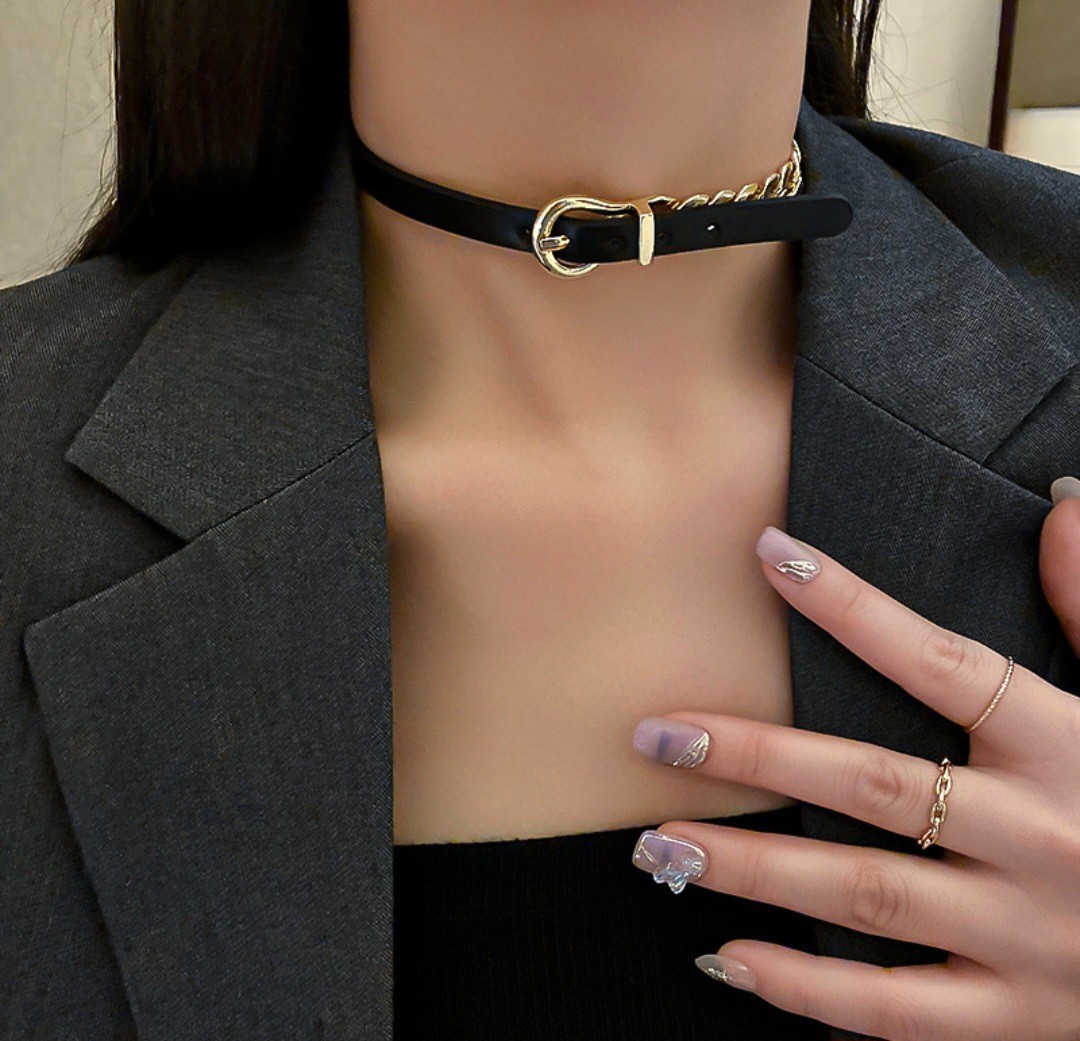 Edgy Leather Buckle Choker Necklace Gold Chain Statement Collar