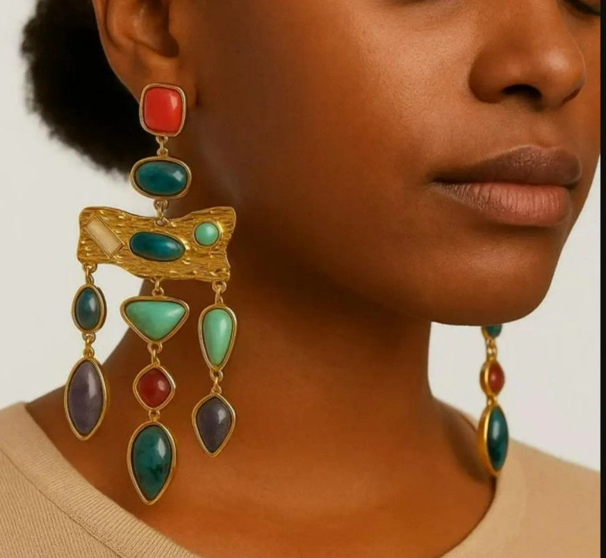 Vintage Boho Multicolor Gold Statement Stone Earrings Birthday gift Vacation