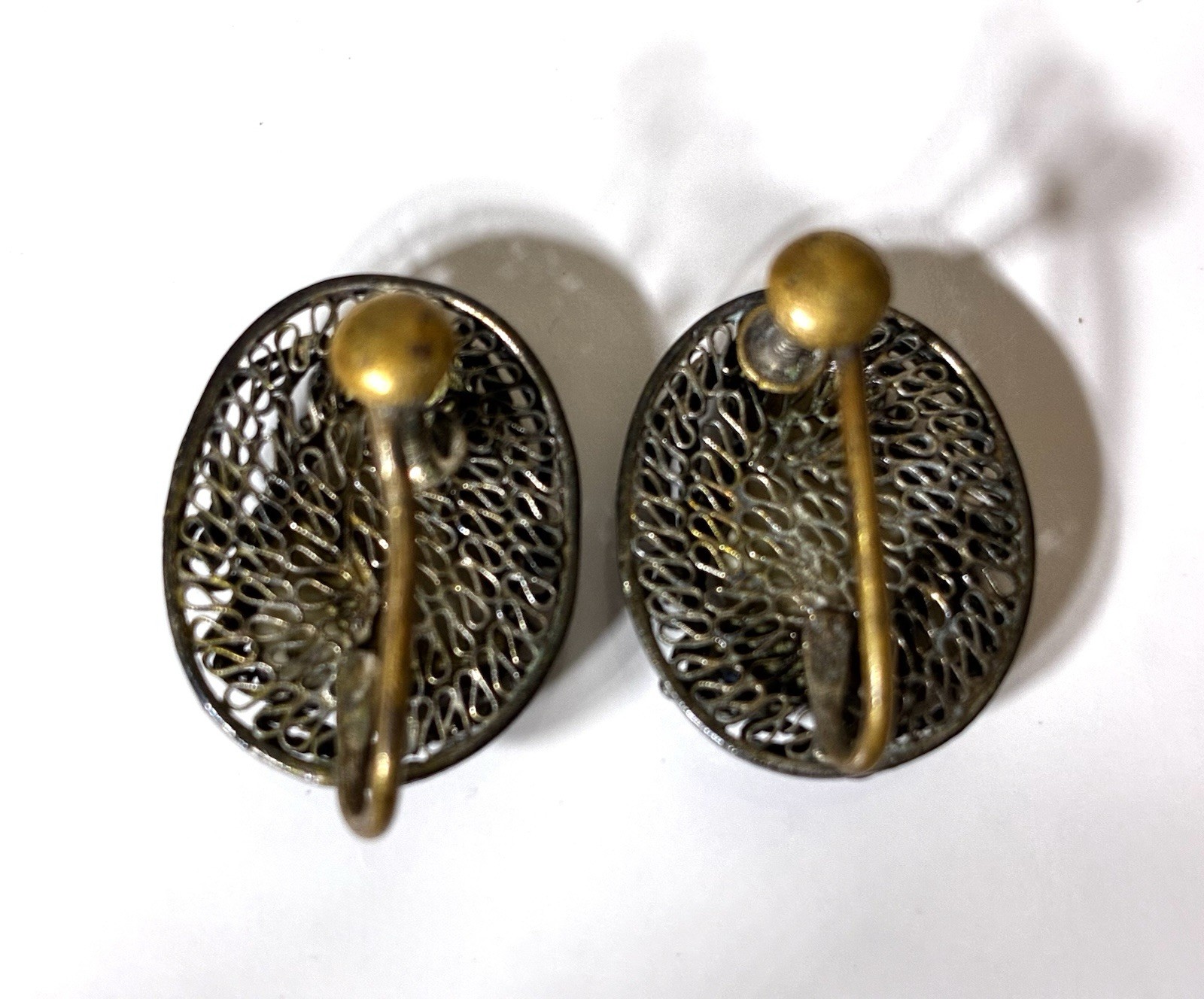 Vintage Chinese Export Filigree Earrings with Hand-Carved Court Lady Figures