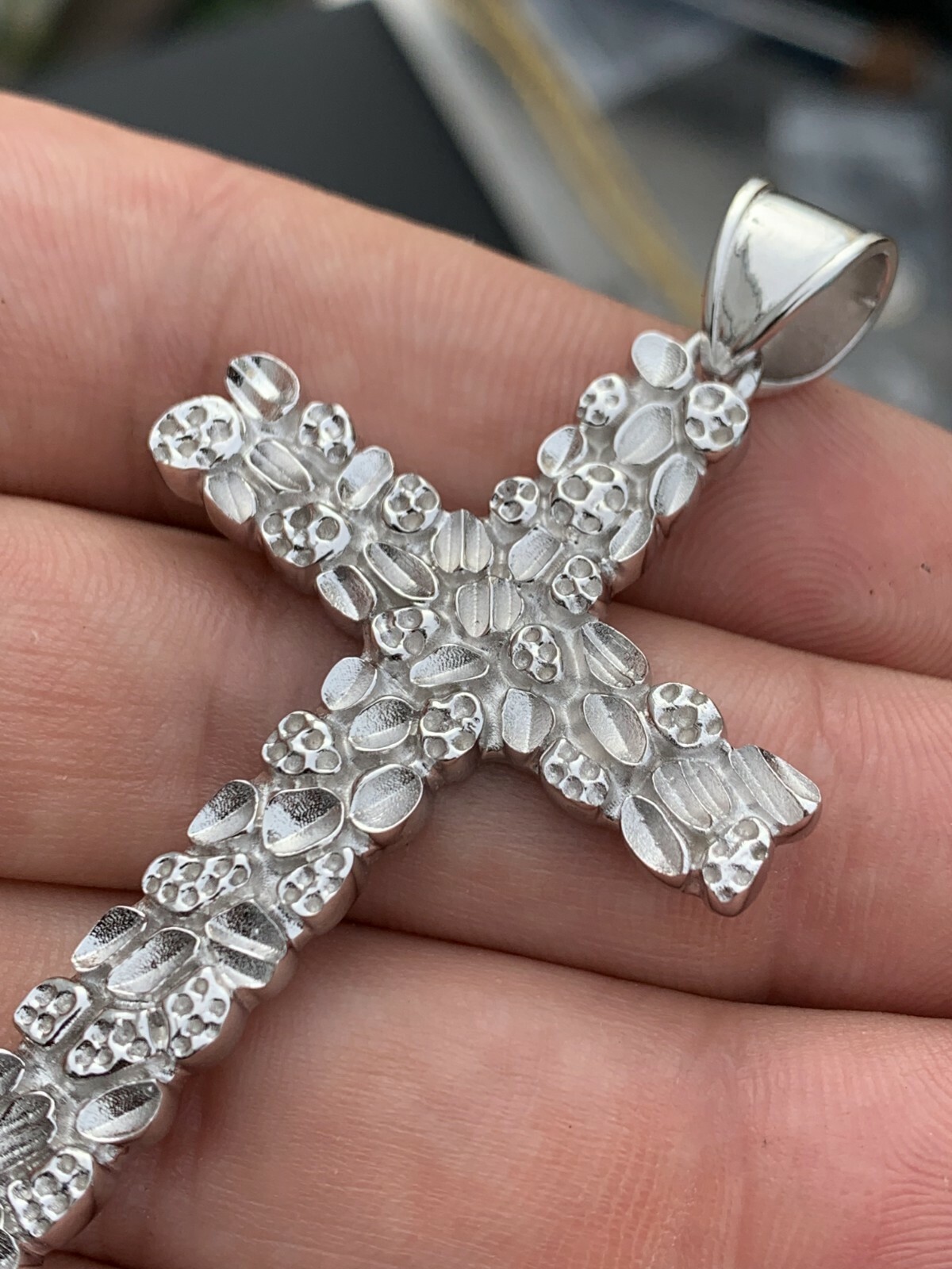 Mens Large 2.25″ Solid 925 Sterling Silver Nugget Cross Pendant Crucifix Chain