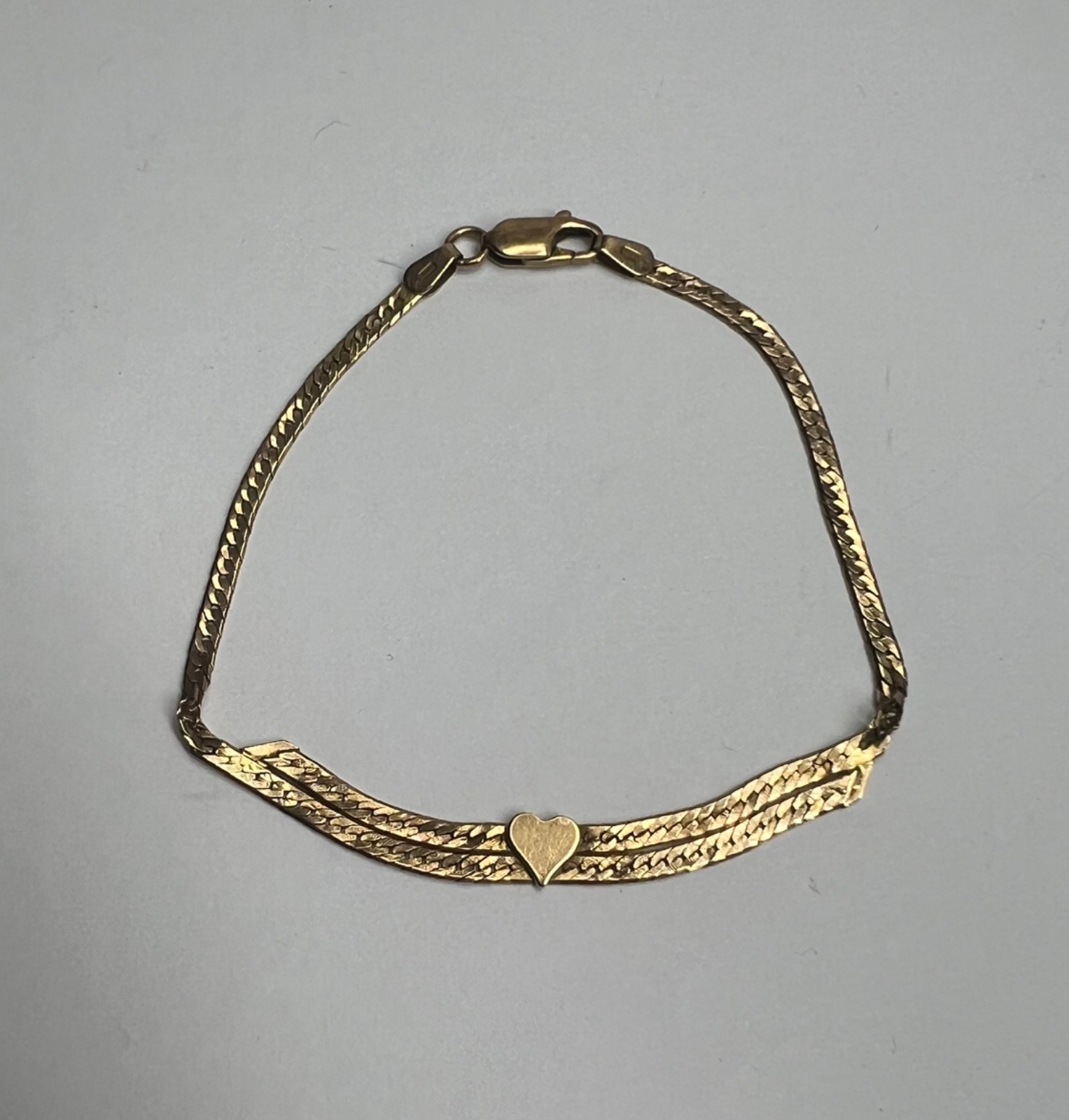 Vintage 14k Solid Yellow Gold Double Herringbone Heart Bracelet 7.5″ 3.88g
