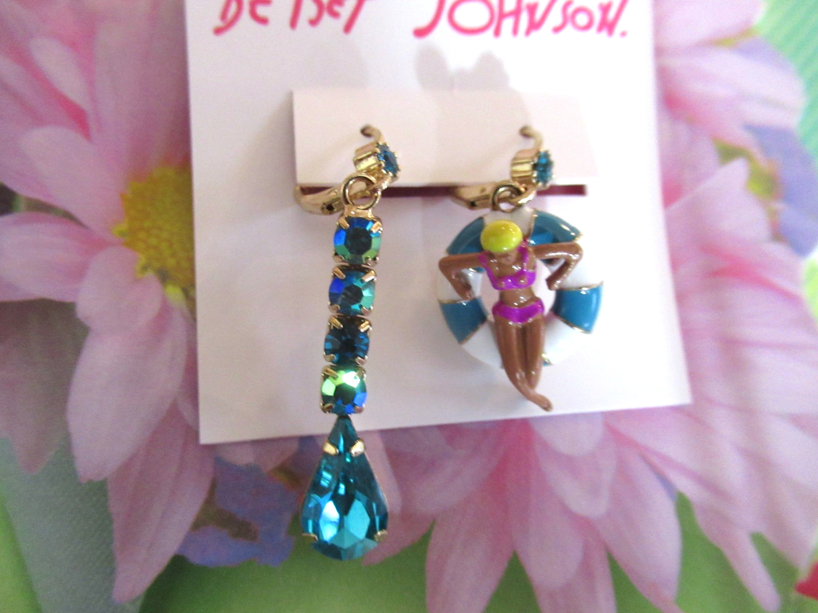 Betsey Johnson Pool Party Mismatched Dangle Earrings Blue Crystal Swimmer NWT