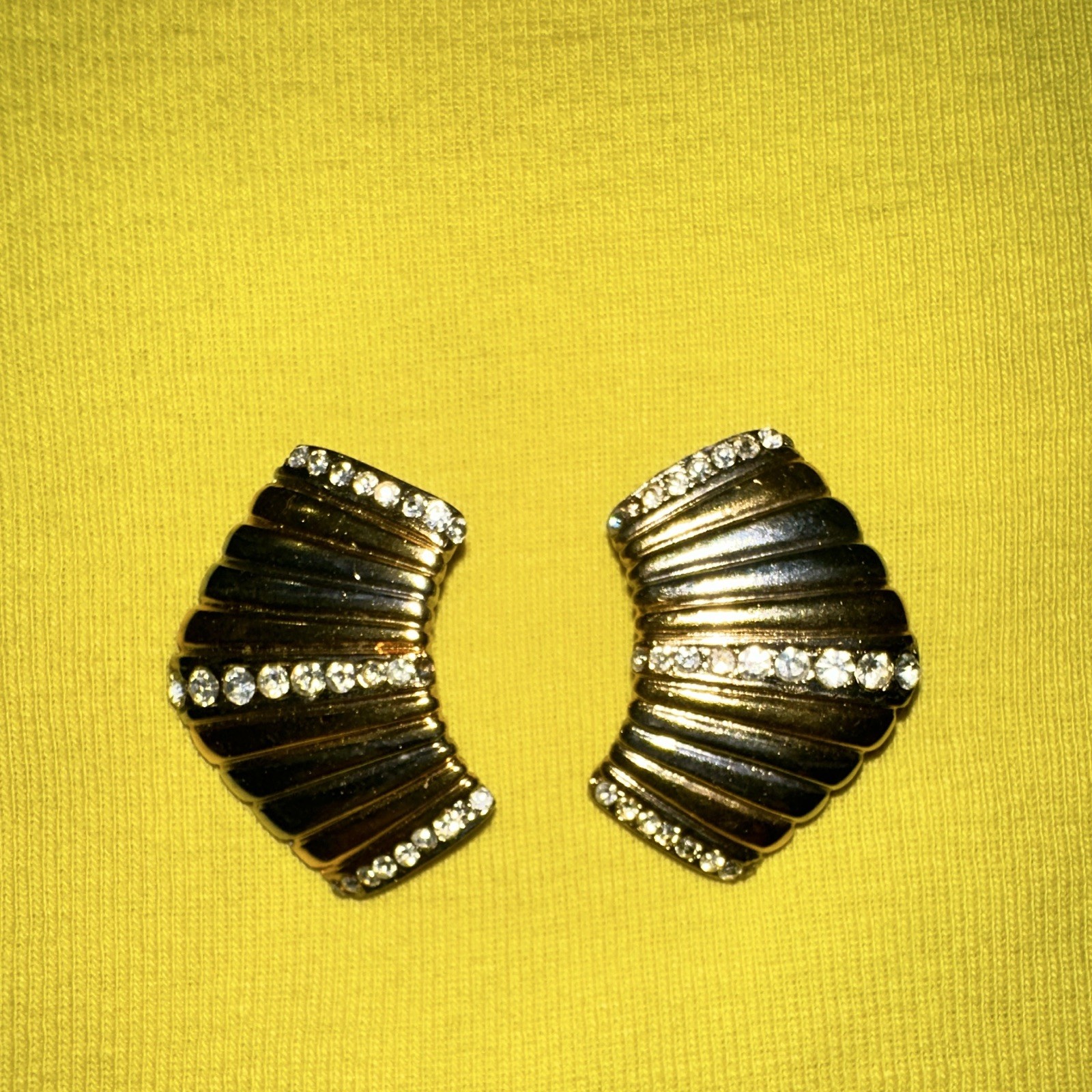 Gold Tone Black Enamel Asymmetrical Round Rhinestone Clip-On Cuff Earrings