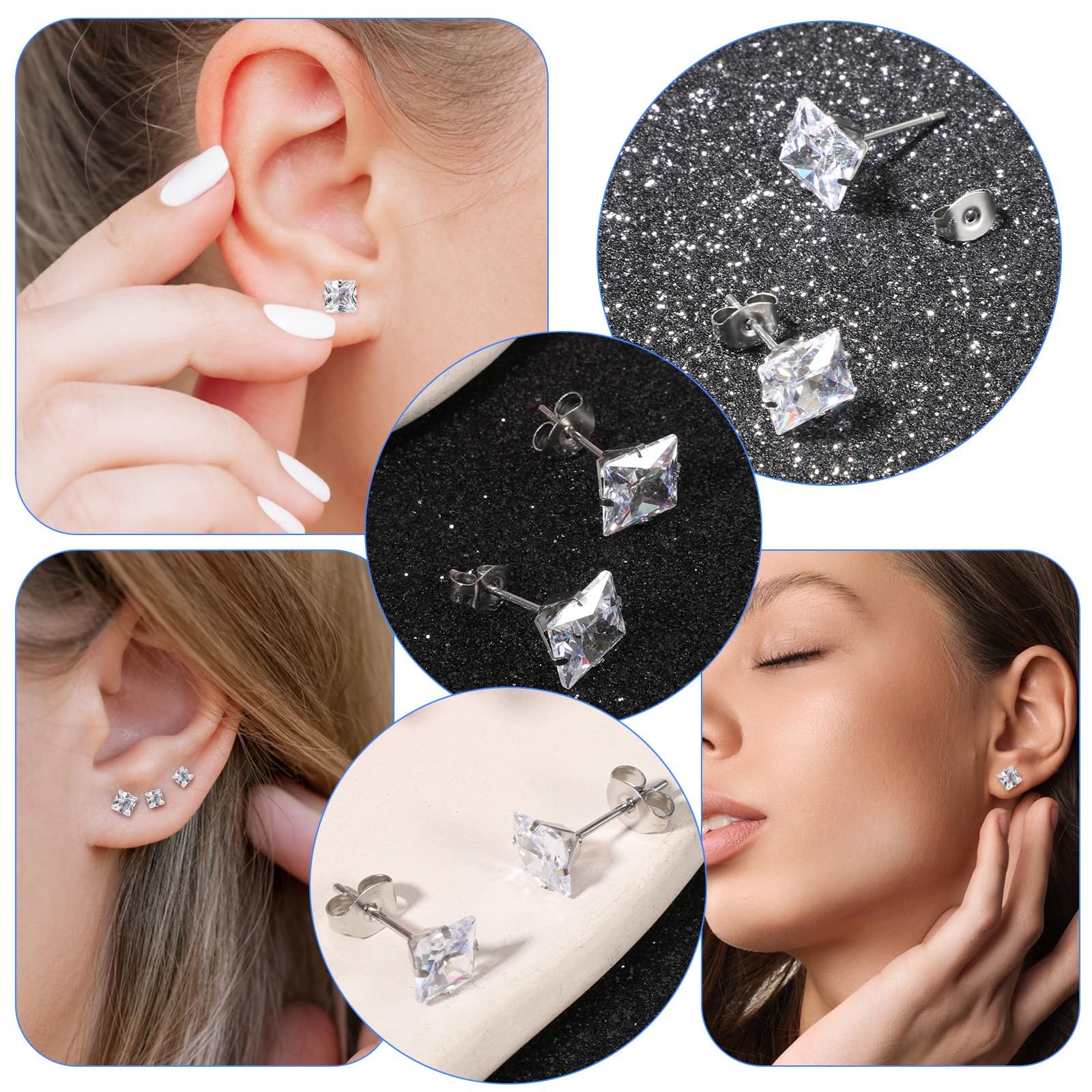 6 Pairs Square Stud Earrings Set for Women Men – Surgical 316L Stainless Stee…