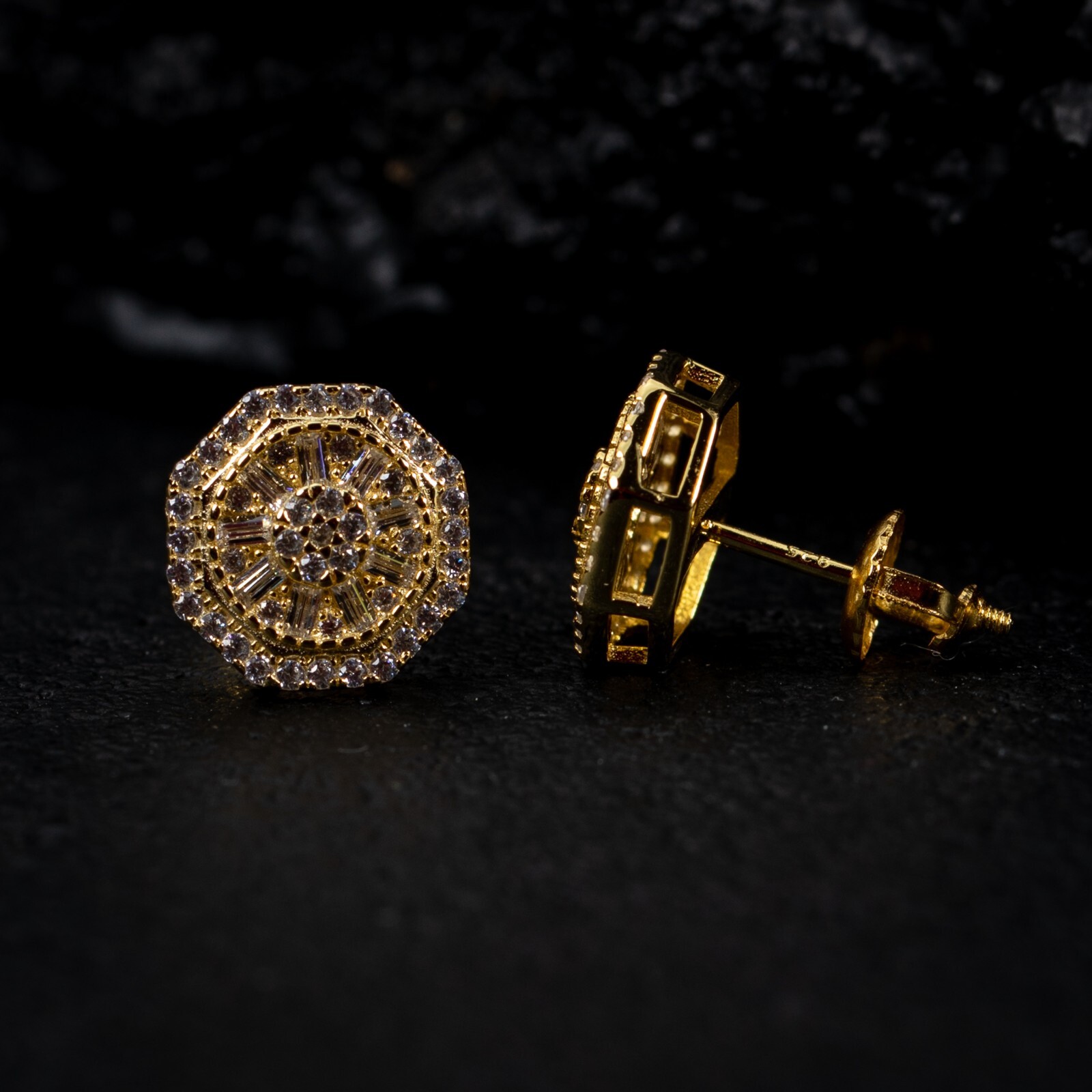 Men’s 14K Yellow Gold Plated 925 Sterling Iced Cz Octagonal Shaped Stud Earrings