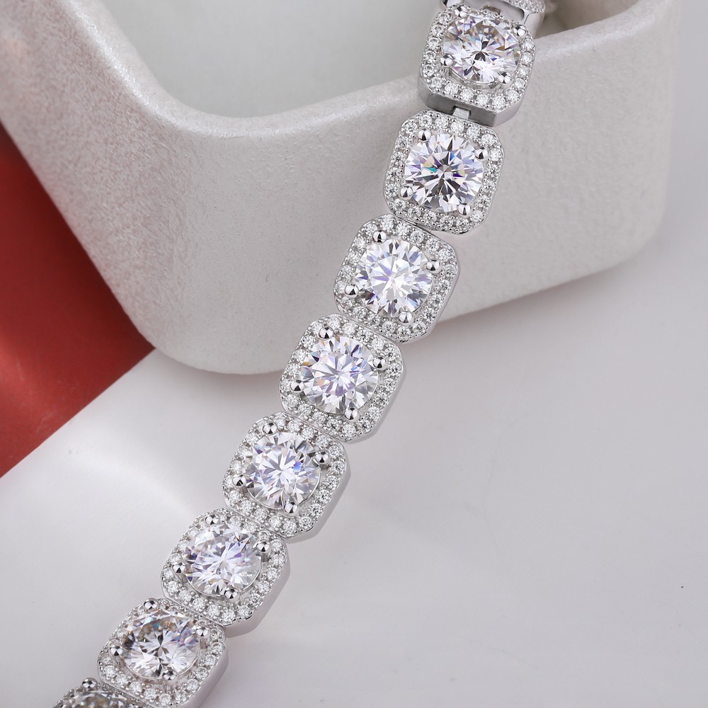 Full Real Moissanite Halo Tennis Bracelet Men 925 Sterling Silver Chain Hip Hop
