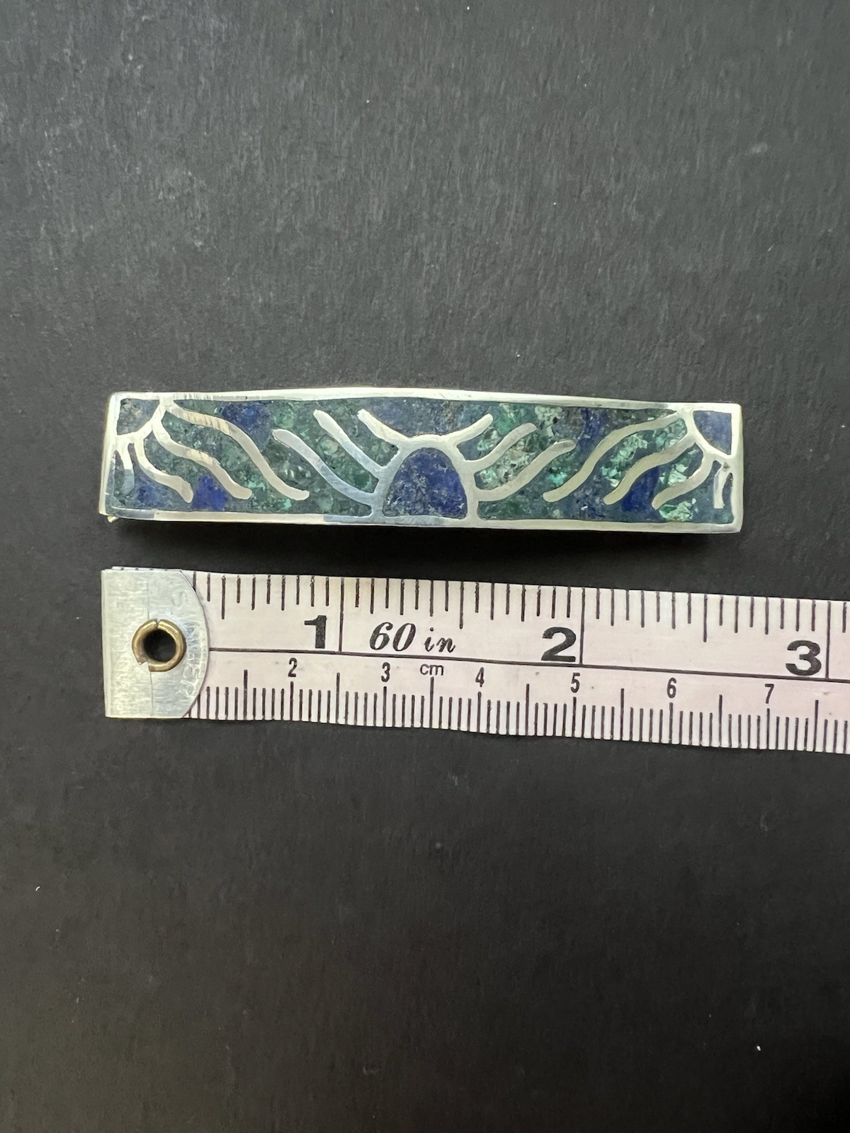 Vtg Sterling Silver 925 Hair Clip Barrette Green Blue Inlay Mexico Taxco 2.5”