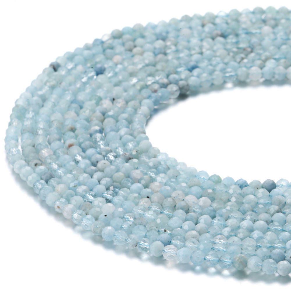 Natural Aquamarine Faceted Round Beads 2mm 3mm 4mm 5mm 15.5″ Strand