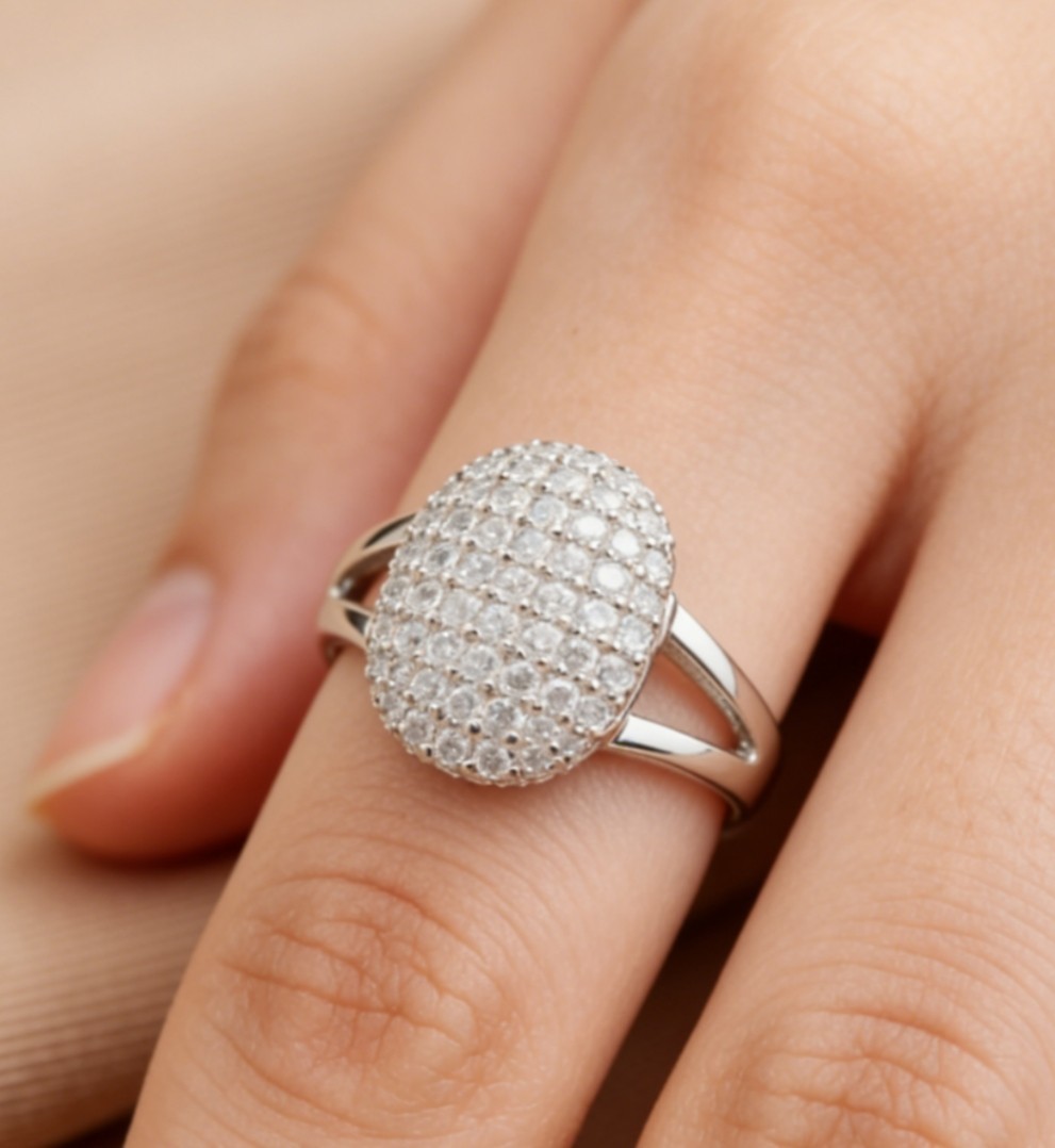 Sparkly Clear Zircon Full Pave Simple Double Fork Silver Plated Eternal Ring #5