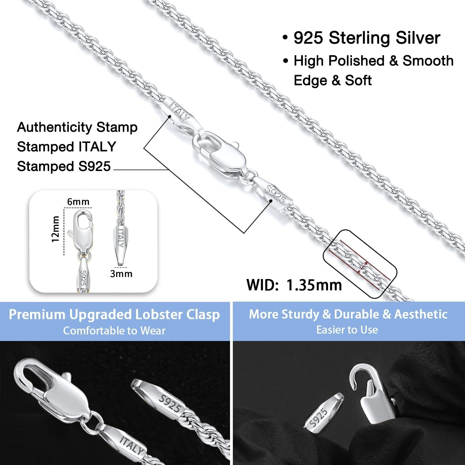 Jewlpire 925 Sterling Silver Rope Chain Necklace 18K Gold Plated 1.35mm