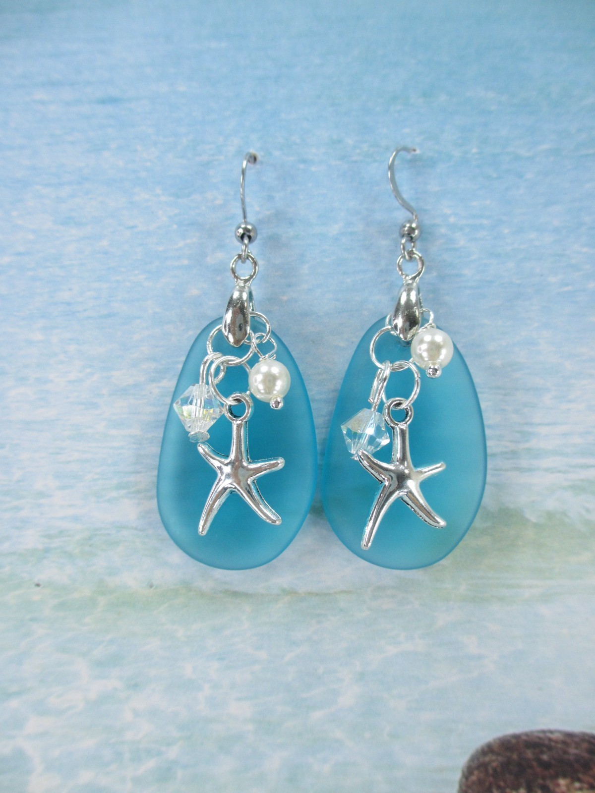 Sea Glass Earrings Made With Swarovski Crystal Bead Pearl Drop Starfish Beach