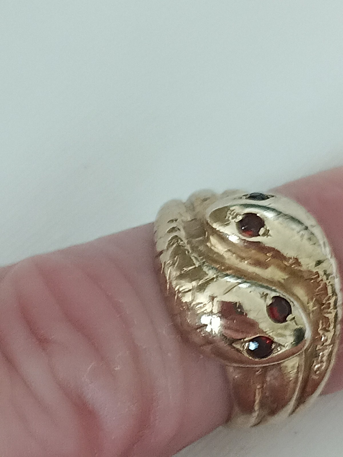 9 Carat Yellow Gold Double Snake Ring Garnet Eyes, Size J/k