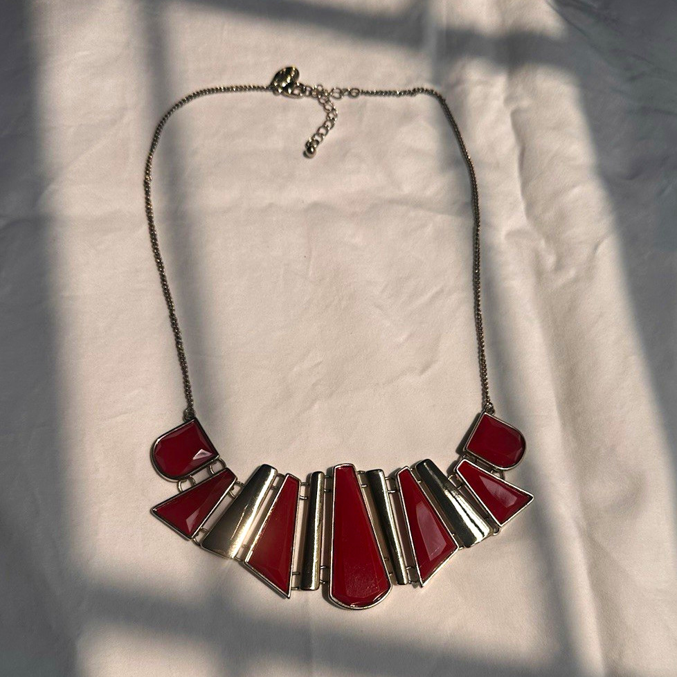 Silver & Gold Red Asymmetrical Pendant Statement Cable Chain Necklace Lobster