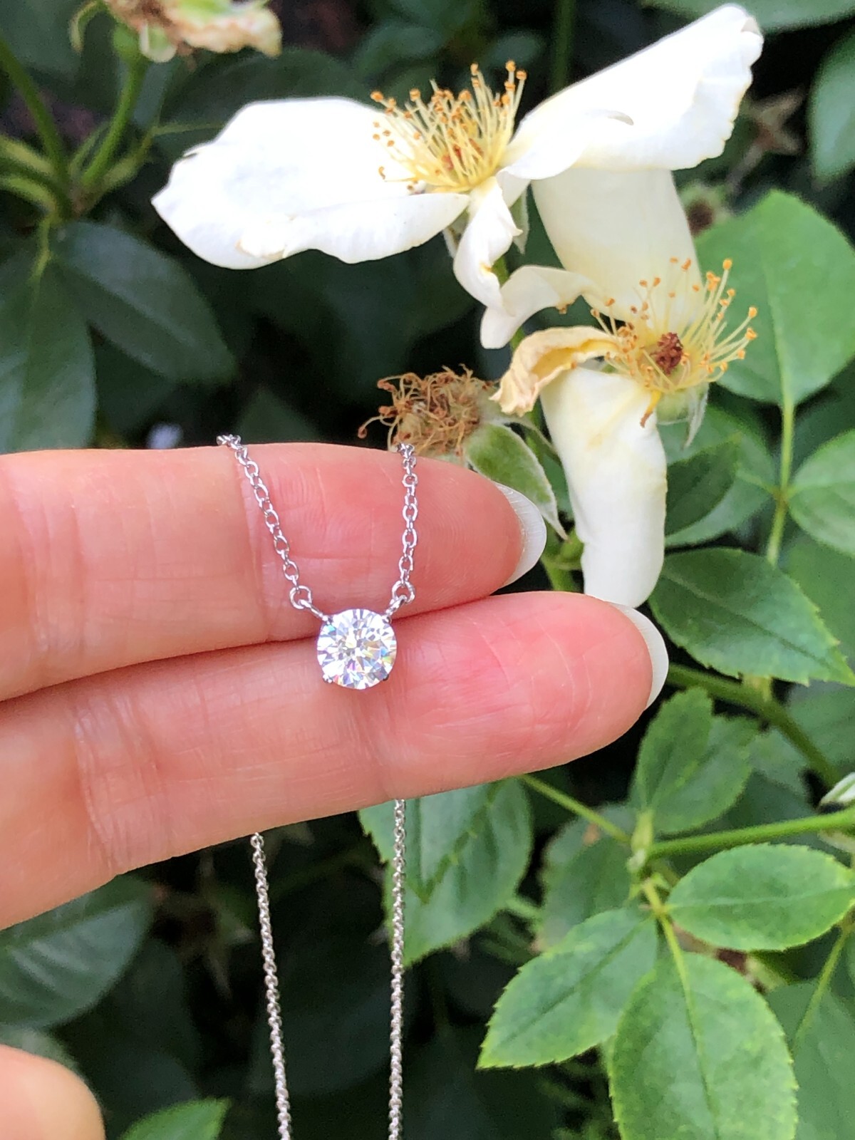 925 Sterling Silver CZ Round Solitaire Pendant Necklace Dainty 5.8mm 17.25″