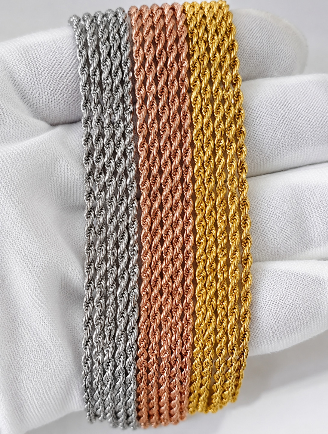 Stainless Steel Gold Plated Rope Chain 3mm Hip Hop Jewelry Unisex Men Women